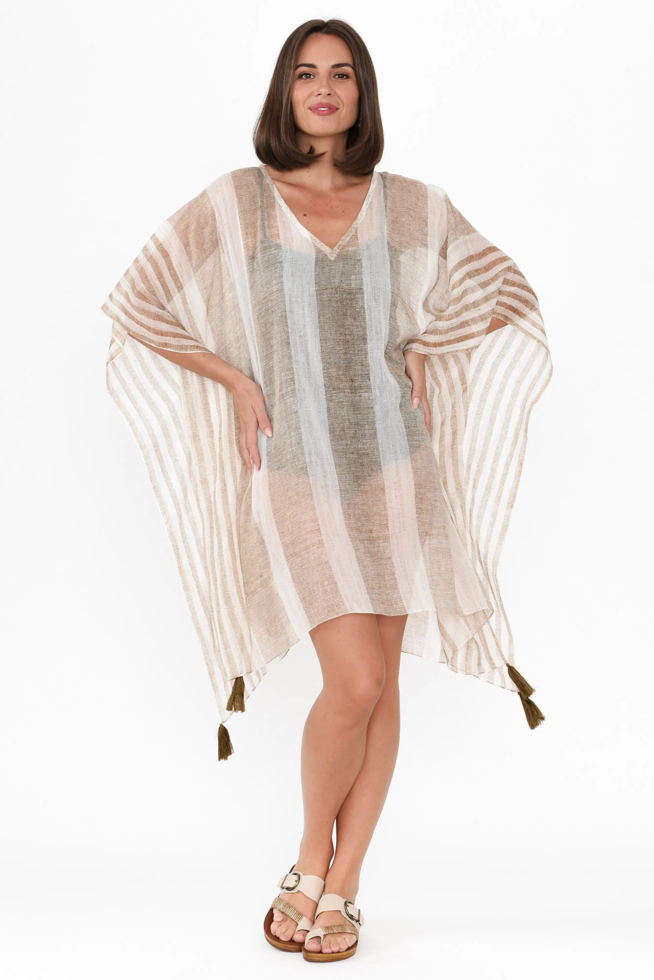 Stella Taupe Stripe Cotton Kaftan - Image 3