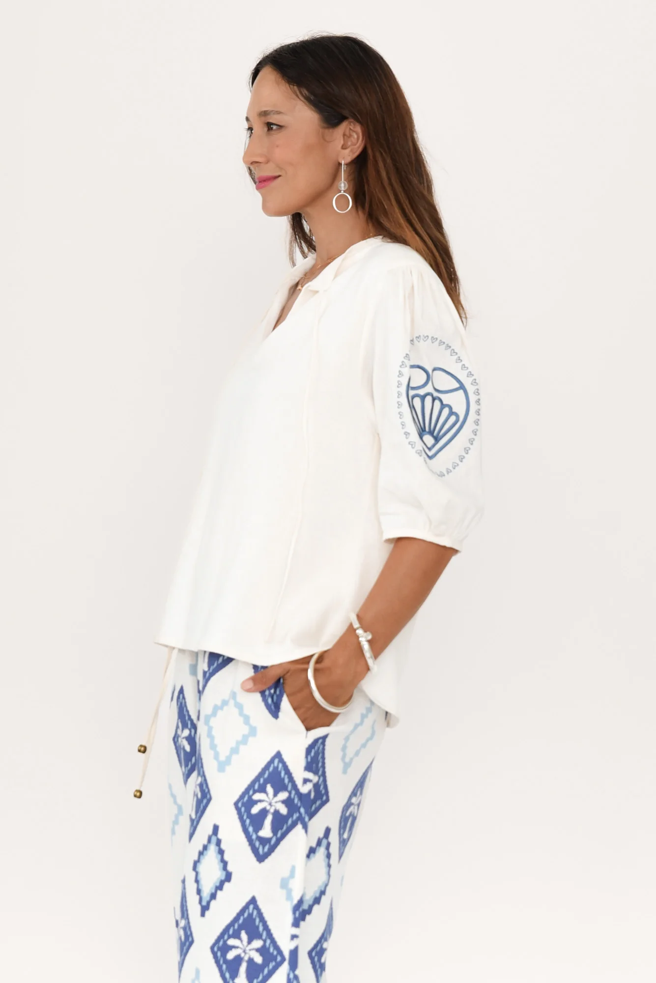 Steph Cream Seashell Embroidered Linen Top - Image 3