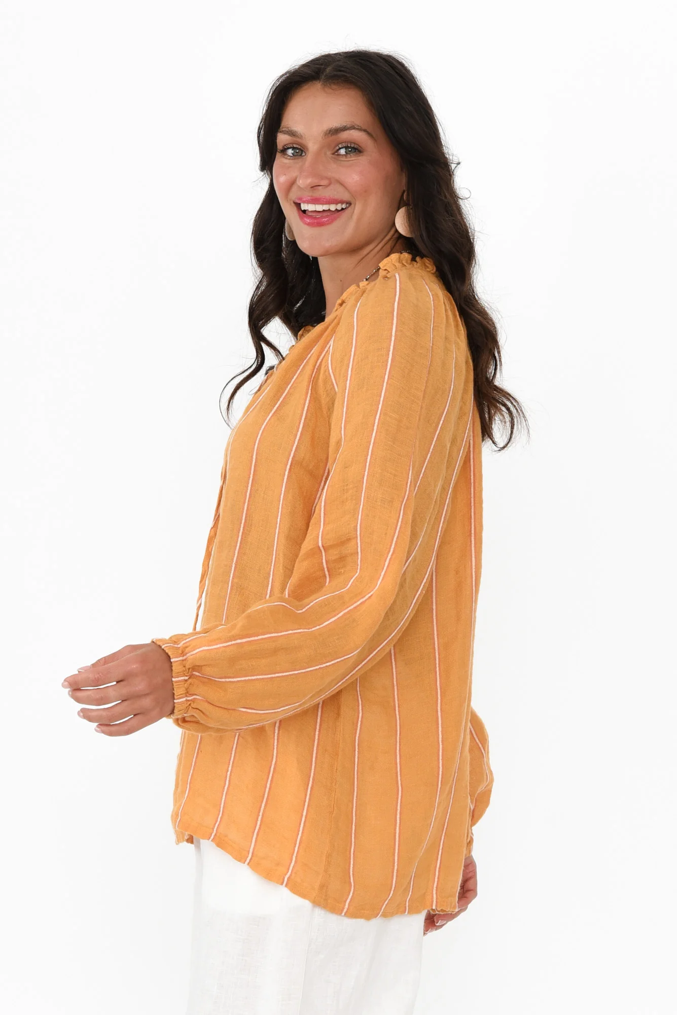 Sussana Mustard Stripe Linen Tie Top - Image 4