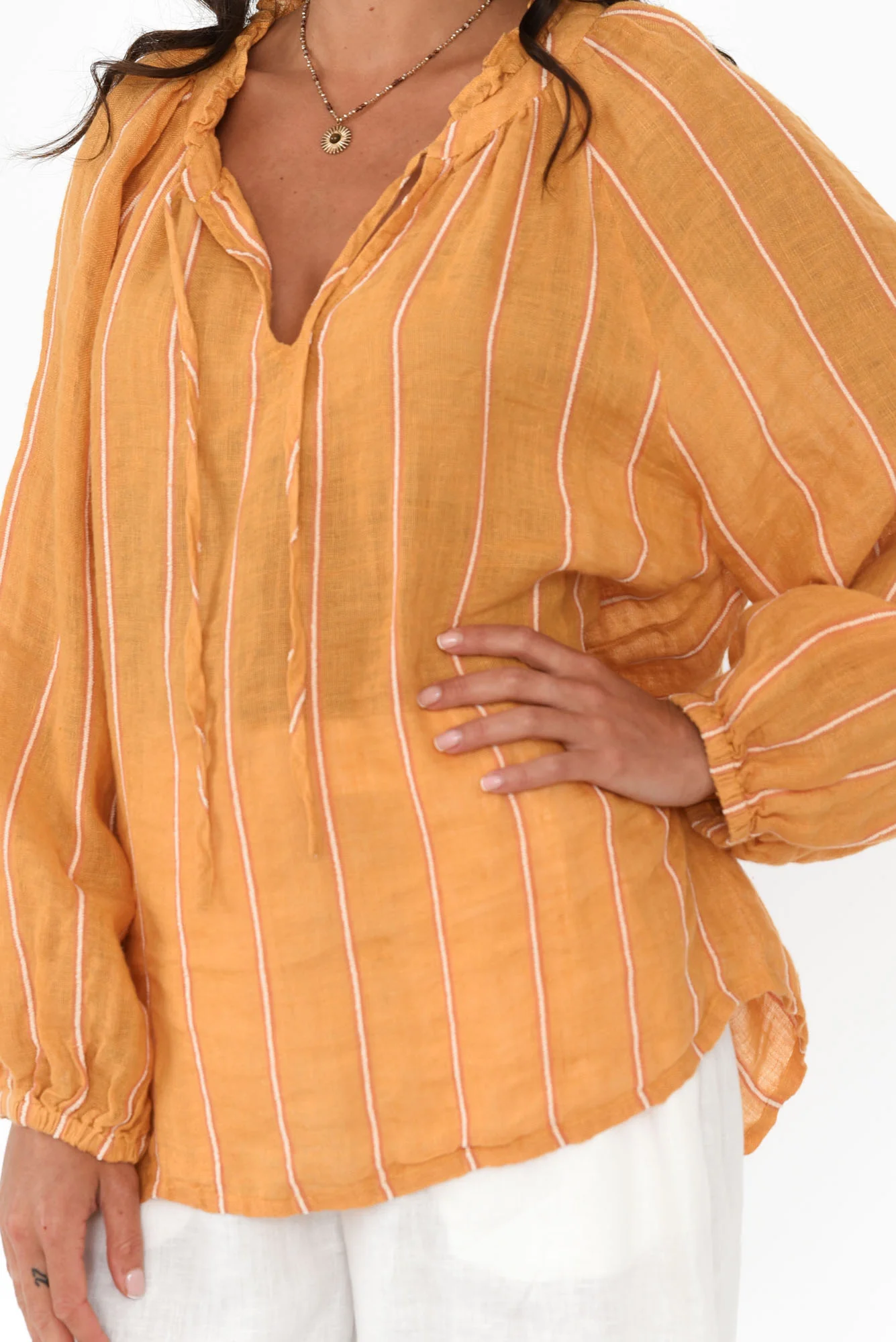 Sussana Mustard Stripe Linen Tie Top - Image 6