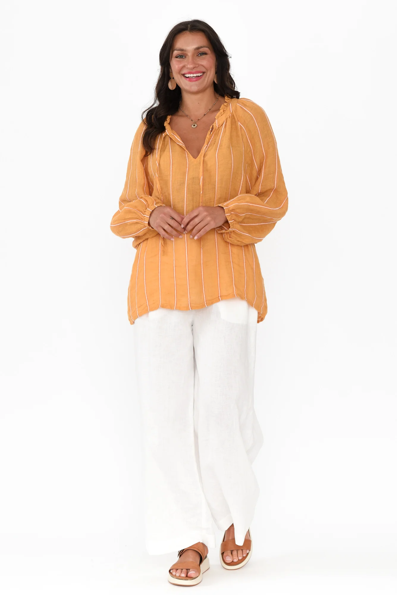 Sussana Mustard Stripe Linen Tie Top - Image 7