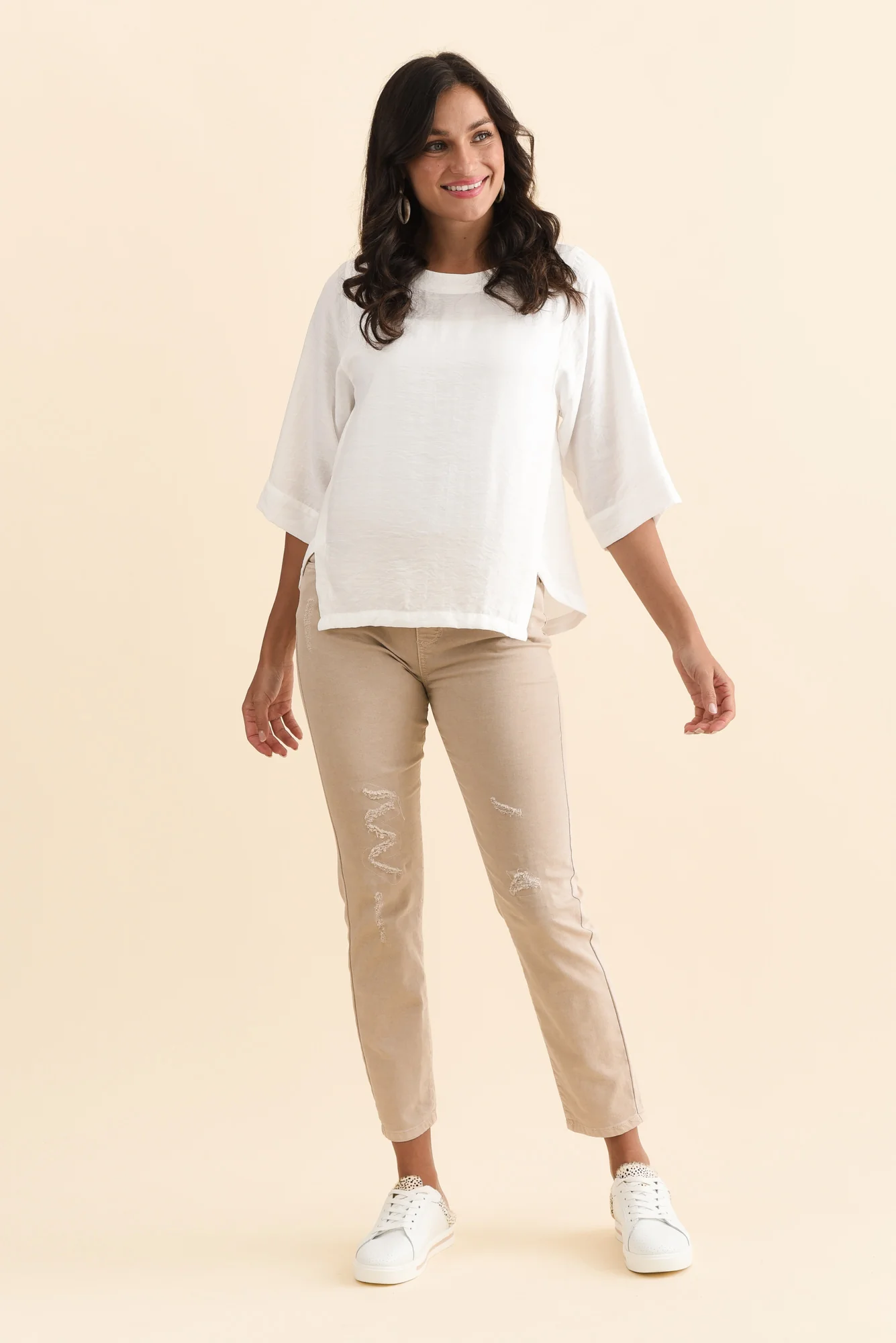 Zadie Distressed Beige Stretch Jeans - Image 3