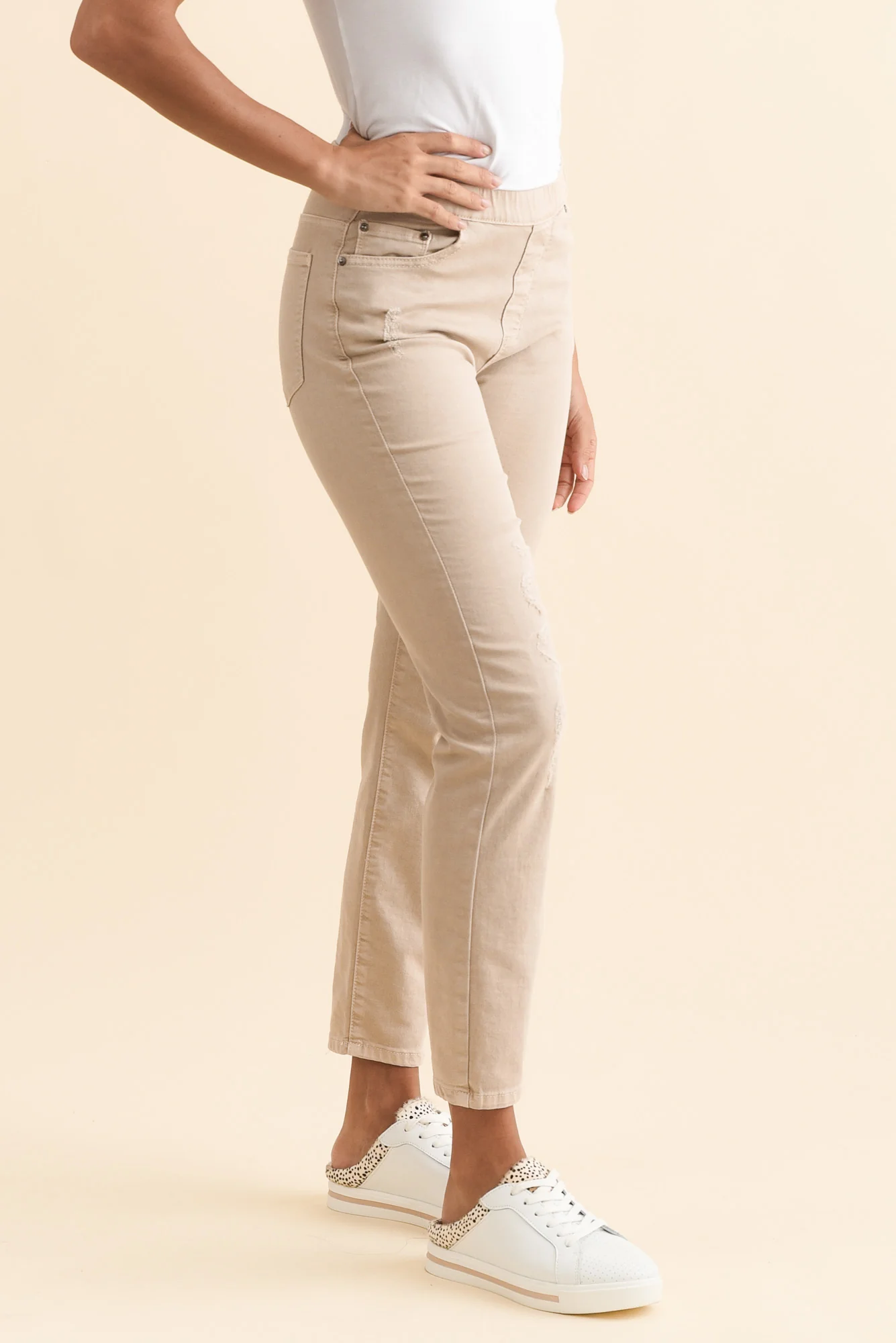 Zadie Distressed Beige Stretch Jeans - Image 4