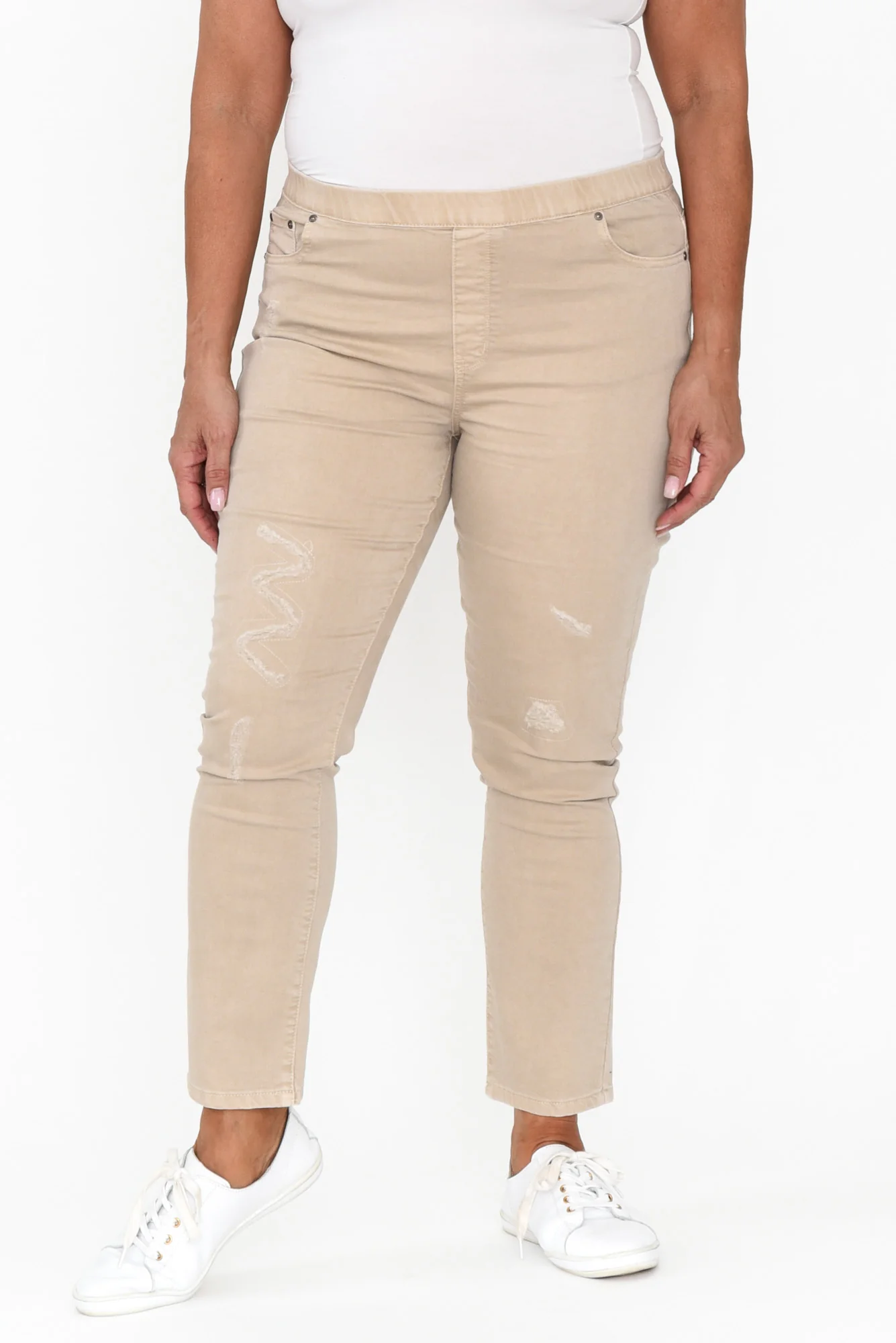 Zadie Distressed Beige Stretch Jeans - Image 9